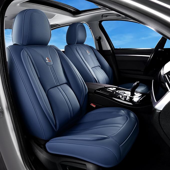 Huidasource Blue Front Seat Cover Luxury Nappa Leather, Front Car Seat Covers with Airbag, Front Storage Pocket, Lumbar Support, Cooling＆Heating, Seat Cover Universal Fit for Most Cars SUV Trucks Blue