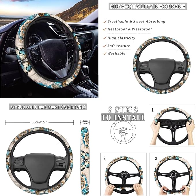 Car Accessories Car Seat Covers Full Set with Steering Wheel Covers+Seat Belt Pads+Coasters+Keychain+Lipstick Holder Universal Fit(13 Pack), Bohemian Mandala Butterfly Print