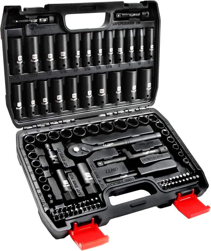 LLNEDL Impact Socket Set 3/8 Drive,95Pcs Deep&Shallow Socket Wrench Set,6 Point Metric&Standard Full |5/16"-3/4",8-22mm| with Spark Plug Sockets,72T Ratchet Handle, Screwdrivers for Automotive&Home