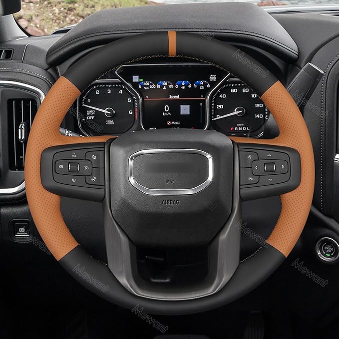 MEWANT Hand Stitch Car Steering Wheel Protector Wrap Cover for GMC Sierra 1500 2019-2023 / Sierra 1500 Limited 2022 / Sierra 2500 2020-2024 / Sierra 3500 2020-2024 / Yukon (XL) 2021-2023 Accessories