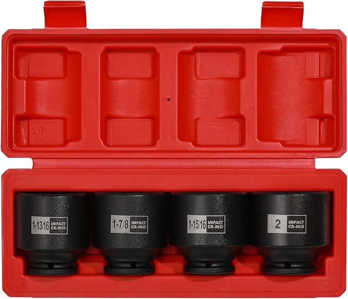 Mayouko 4PCS 1/2" Drive SAE Spindle Axle Nut Impact Socket Set, 1-13/16, 1-7/8, 1-15/16, 2 Inch, 6 Point, CR-MO, Standard