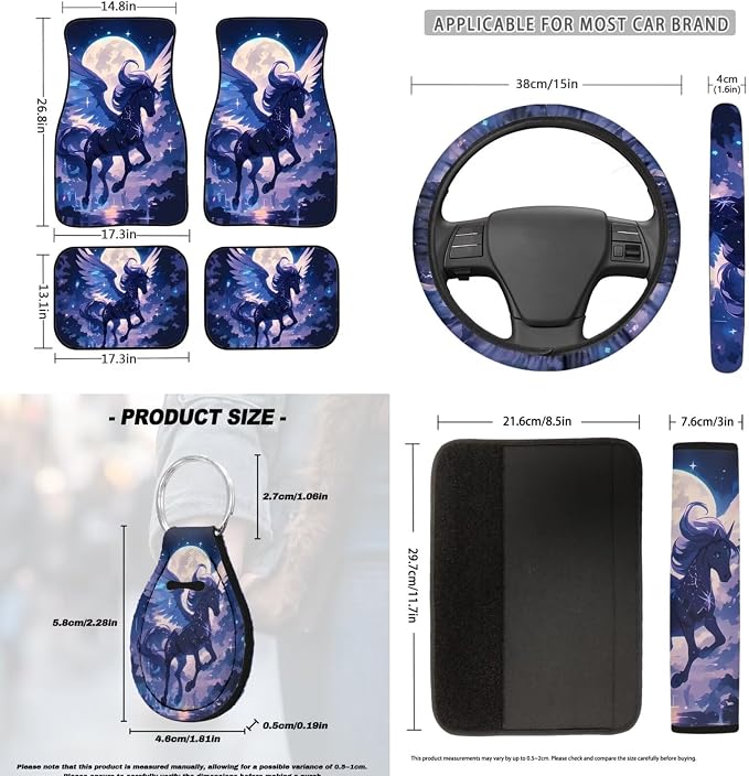 Beautiful Moon Pegasus Car Interior Accessories Set for Women, 18 Pcs Car Seat Covers with Steering Wheel Cover Floor Mats Armrest Pad Seat Belt Pads Handle Wraps Cup Coaster Keychain