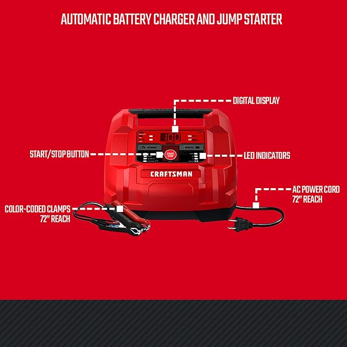 CRAFTSMAN 6A Car Battery Charger and 100A Engine Starter, 6-in-1 Solution, Battery Maintainer, 30A Boost, for 6V/12V Power Sport, Automotive, and Marine Batteries, CMXCESM253