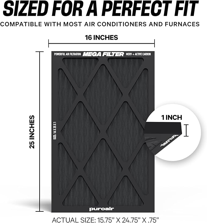 PuroAir MegaFilter - 16x25x1 Air Filter MERV 13 Activated CarbonTech Defense - Heavy Duty 3 Layer Furnace Filters Allergens, Pollen, Dust, Pet Dander, Smoke, Odors - HVAC Air Filter 16x25x1 (4-Pack)