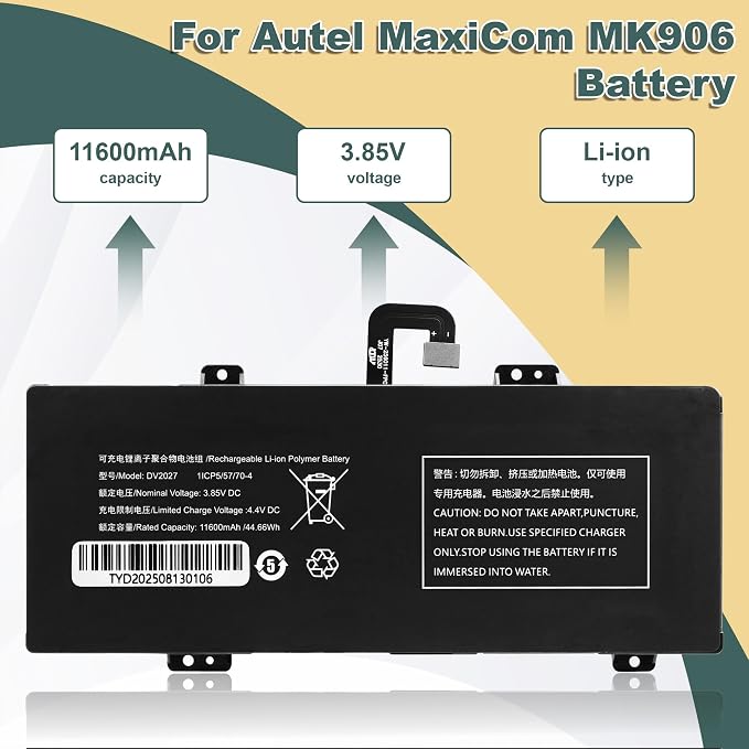 for Autel DV2027 Battery Replacement: for Autel MaxiSYS MS906 Pro MS906 Pro-TS MaxiCOM MK906 Pro MK906 Pro-TS MK906S PRO-TS MK906S PRO Lithium Battery 11600mAh