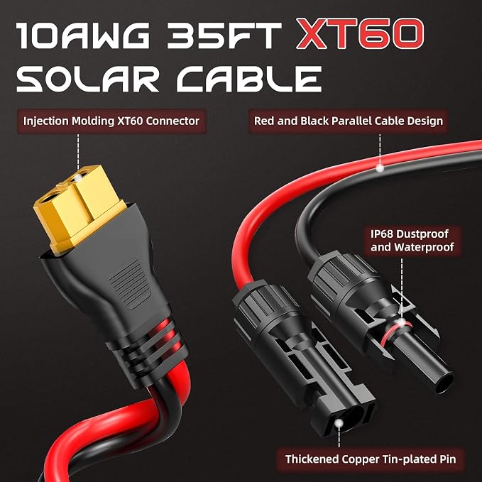 35FT 10AWG XT60 Solar Charging Cable, GIBBAB Solar Panel Connector to XT60 Extension Charge Adapter Cable with Caps & Wire Ties for LiFePO4 Battery RV Portable Power Station Generator