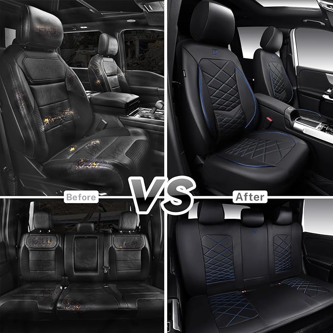 CAR PASS Luxury Nappa Leather Seat Covers Full Set, Water Resistant Faux Leather Seat Cover with Lumbar Support, Breathable Automotive Seat Covers Universal Fit for Sedan SUV Van Truck, Black Blue