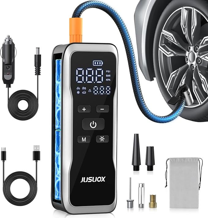 JUSUOX Tire Inflator Portable Air Compressor, Dual Power (Cordless & 12V DC) Air Pump for Car Tires, 150PSI Fast Air Pump for Moto, Bike, Large Capacity Battery, Digital Gauge with Emergency LED Light