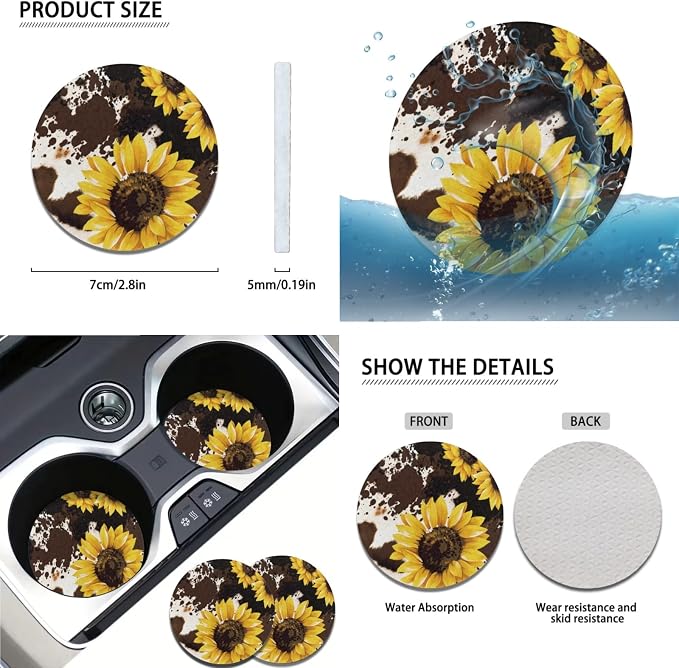 Wanyint Sunflower Cow Print Car Seat Cover Full Set with Front Back Seats Steering Wheel Covers Armrest Pad Handbrake Cover Gear Shift Cover Auto Seat Belt Pads,Cup Holder Coaster