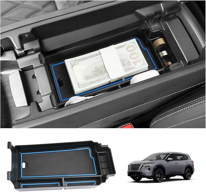 LUWU 2025 2026 Rogue Center Console Organizer for 2021 2022 2023 2024 2025 2026 N issan Rogue Accessories Armrest Console Storage Box Insert Tray ABS Material Blue-trim