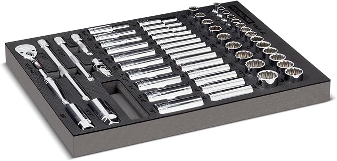 Powerbuilt Socket and Ratchet Tool Set, Extension Bars, Deep and Shallow Sockets, Organizer Tray, Pro Tech Series - 949005, 3/8-Inch, Silver, 54 Piece