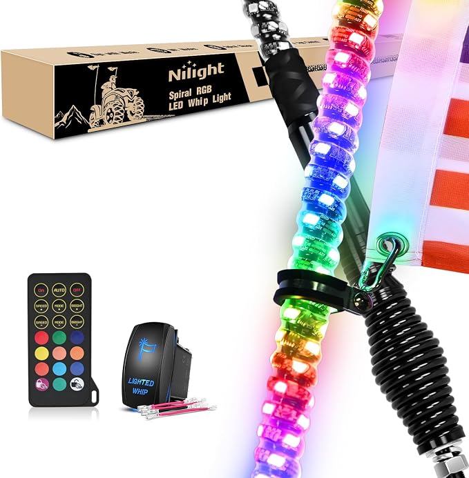 Nilight 2PCS 5FT Spiral RGB Led Whip Light with Spring Base Chasing Light RF Remote Control Lighted Antenna Whips for Can-Am ATV UTV RZR Polaris Dune Buggy Offroad Truck
