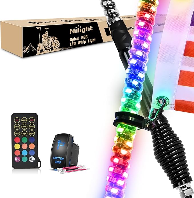 Nilight 2PCS 6FT Spiral RGB Led Whip Light with Spring Base Chasing Light RF Remote Control Lighted Antenna Whips for Can-Am ATV UTV RZR Polaris Dune Buggy Offroad Truck, 2 Years Warranty