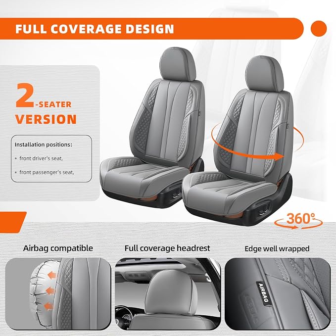 2-Seater Car Seat Covers Full Set Waterproof and Breathable Nappa Leather, Fit for Front Seats of Cars, Compatible with Airbags, Car Seat Protector Covers for Most Cars - Grey