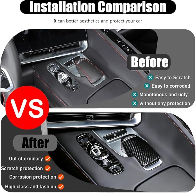 Set of 2 Genuine Carbon Fiber Gear Shift Panel Cover Trim for Corvette C8 2020-2025 Gear Shift Knob Head Protection&Console Gear Shift Button Panel P D Auto M Button Frame Accessories (Black)
