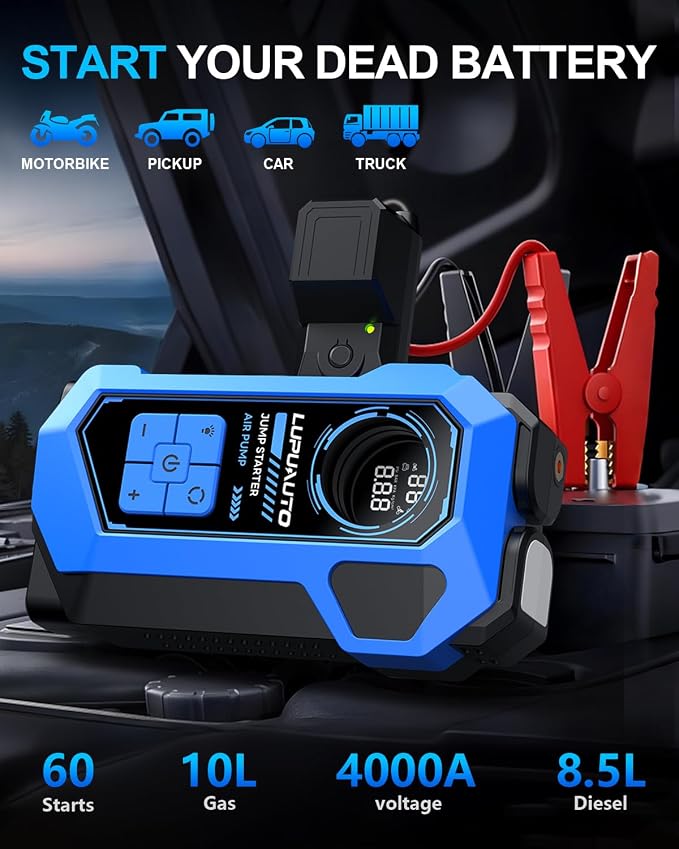4000A Jump Starter with 160PSI Air Compressor for 10L Gas/8.5L Diesel | Smart LCD Display, Fast-Charging Power Bank, 500LM Multi-Mode Torch