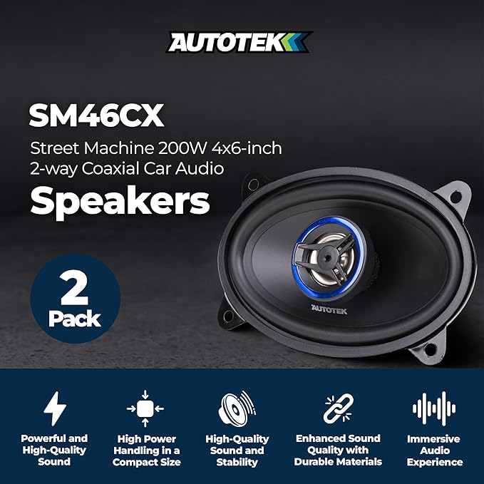 Autotek 2 Pack Street Machine 200W 4x6 Inch 2 Way Car Audio Coaxial Speakers with Neo Mylar Soft Dome Tweeters for Crystal Clear Sound