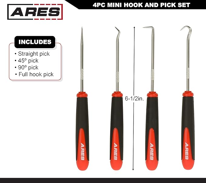 ARES 10034 – Mini Hook and Pick Set - 4-Piece Set Includes Angled, Straight, and Full Hooks and Picks - Hardened Steel Shafts - Easily Remove Hoses, O-Rings, and Gaskets