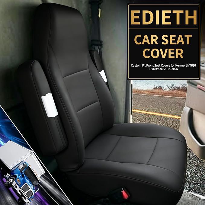 Heavy Duty Seat Covers for Kenworth T680 T880 W990 2015-2025, Custom Fit Front Truck Seat Cover with 17" Armrest, PU Leather with Non-Slip - Black