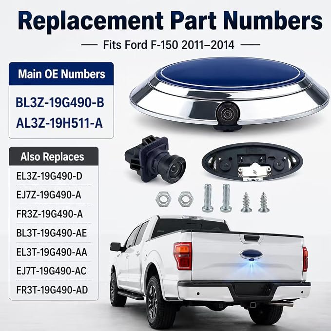 Complete Tailgate Emblem Backup Camera Kit for Ford F-150 2011-2014, Rear View Camera Replacement Kit with Emblem Housing & Wiring Harness, 170° Wide Angle, IP68 Waterproof, Replaces BL3Z-19G490-B