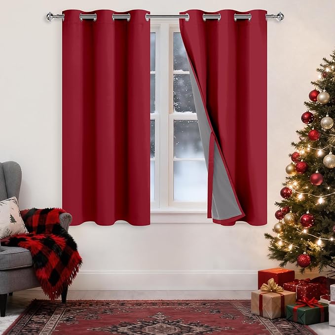 XWZO 100% Blackout Curtains 2 Panels with Tiebacks- Heat and Full Light Blocking Thermal Insulated Window Panels with Grommets for Bedroom/Basement, Christmas Red, W42 x L45, Set of 2