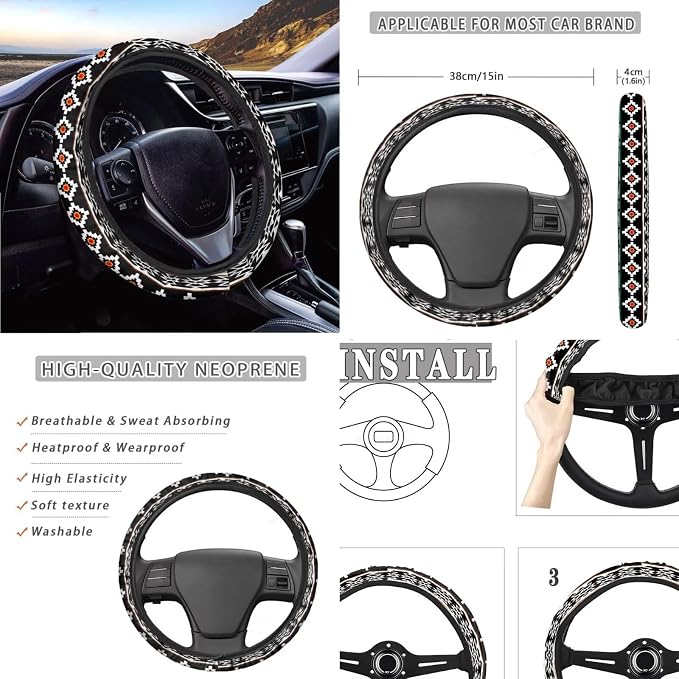 Wolf Print Car Seat Cover Full Set with Steering Wheel Cover Non Slip Seat Belt Pads Aztec Southwest Auto Seat Protector Universal Fit for Cars Trucks SUVs, Orange
