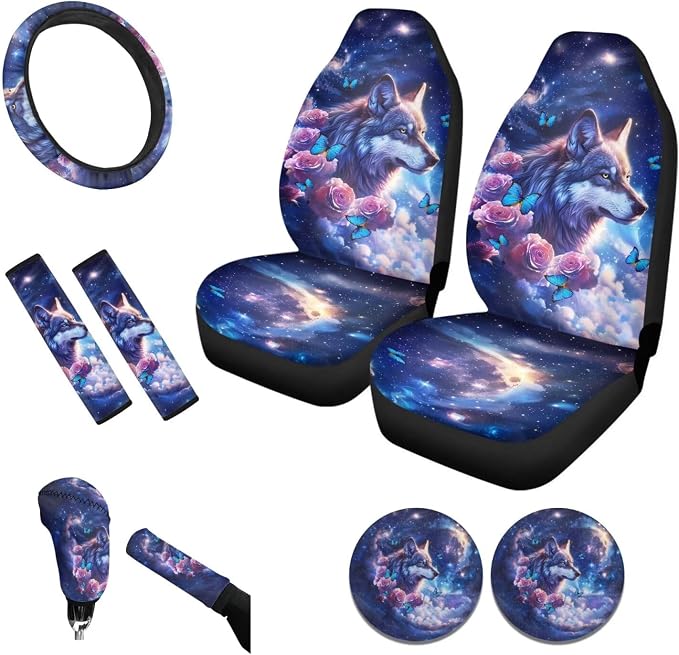 Tupalatus Purple Wolf 9 Pcs Cute Car Seat Covers with Steering Wheel Cover Auto Seat Belt Cover Coasters Gear Shift Cover Hand Brake Cover Car Accessories Set for Men