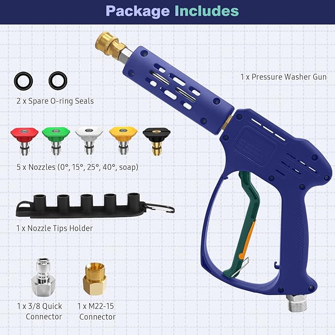 YeewayVeh High Pressure Washer Gun with 3/8" Quick Connect and M22 14mm / 15mm Fitting, Pressure Washer Wands with 5 Nozzles Tips, Power Washer Gun for Car Wash (5000PSI, 8 GPM)