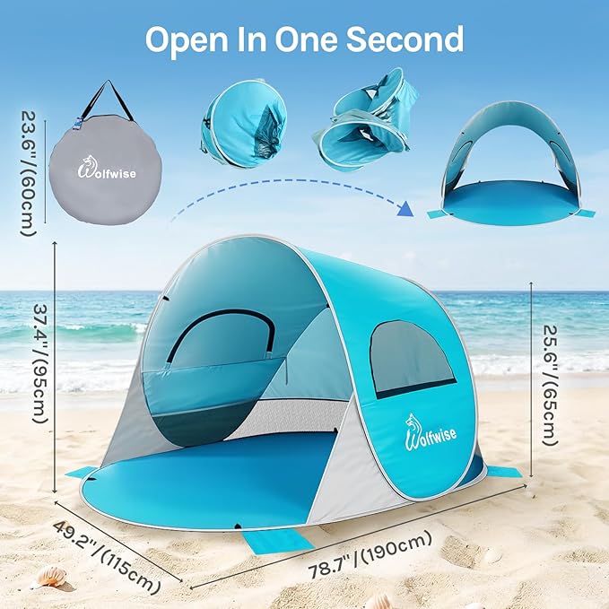 Wolfwise Pop up Beach Tent Sun Shelter with UPF50+ UV Protection, Instant Easy Setup Popup Beach Shade Canopy for 2 Person, Portable & Foldable with Carring Bag, 79 ×49×38 in, Blue