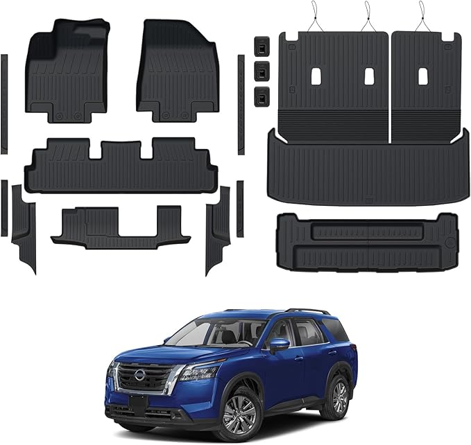 Floor Mats for Nissan Pathfinder 2022-2025 2026, All Weather Floor Mats Trunk Cargo Liner with Backrest Protectors and Door Sill Guards Accessories, Full Coverage Set (Fit 7/8 Seats)