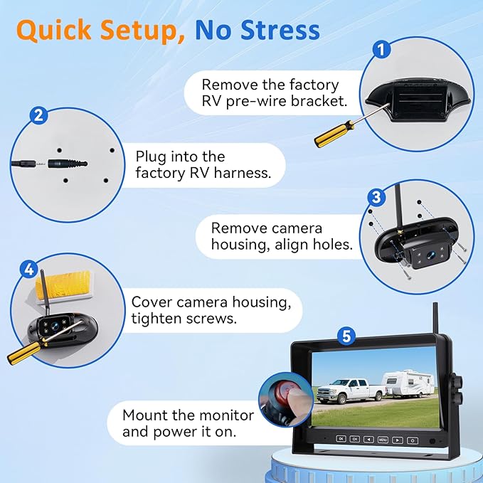 HD 1080P RV Backup Camera Wireless Easy Install: Plug and Play 7'' DVR 4-Channels Split Screen for Furrion Pre-Wired RVs System - AI Motion Detection Rear View Camera Clear Night Vision to 32ft