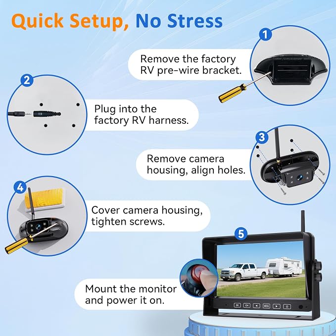 Wireless Backup Camera for Trailer - 7" 1080P RV Backup Camera with 4-Channel Split-Screen Monitor, AI Detection, Night Vision, Loud Beeps, Plug & Play, Compatible with Furrion Pre-Wired RVs
