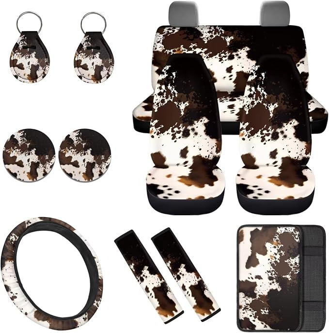 Brown Cow Print 12 Pack Car Seat Covers Full Set with Steering Wheel Accessories Car Seat Belt Cover Arm Rest Cover Car Cup Coasters Universal Fit for Most Cars,SUVs