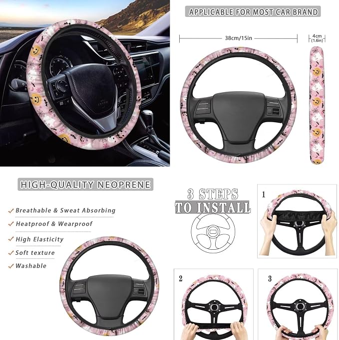 Cute Pink Halloween Print Car Seat Covers Full Set with Auto Steering Wheel Cover Auto Center Console Pad Seat Belt Covers Universal Fit SUV Truck Cars Halloween Decoratoions Gifts