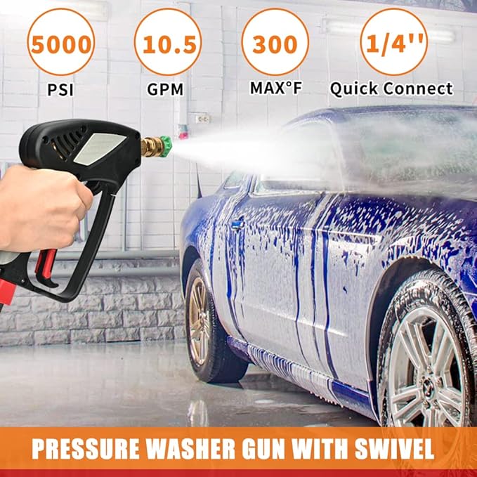 Pressure Washer Short Gun, 5000 PSI High Pressure, Trigger Handle and Professional 3/8" Swivel Quick Connect Plug, M22-14mm/15mm Fitting Adapter, 5 Spray Nozzle Tips with Holder