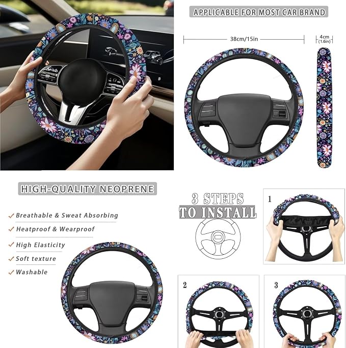 15 Pcs Hippie Floral Car Seat Cover Full Set for Women with Car Steering Wheel Cover Seat Belt Cover Trash Bin Front Rear View Mirror Car Cup Holder Keychain