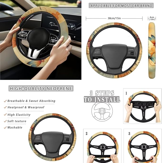 15 Pcs Vintage Dragonfly Car Seat Covers Full Set for Women Cute Car Accessories Interior Car Steering Wheel Cover Seatbelt Covers Trash Bin Rear View Mirror Cover Cup Holders Keychain