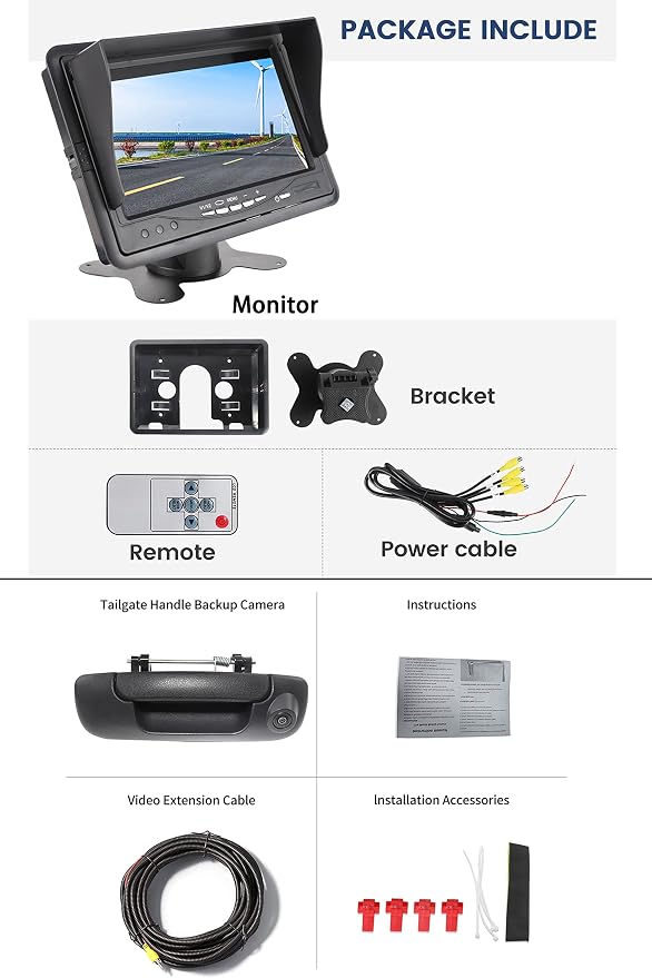 EWAY Tailgate Handle Backup Camera 7 Inch TFT LCD Monitor Kit for 2002-2008 Dodge RAM 1500 2500 3500 Rear View Reversing Backing Cameras Monitor Kit Optional Guideline
