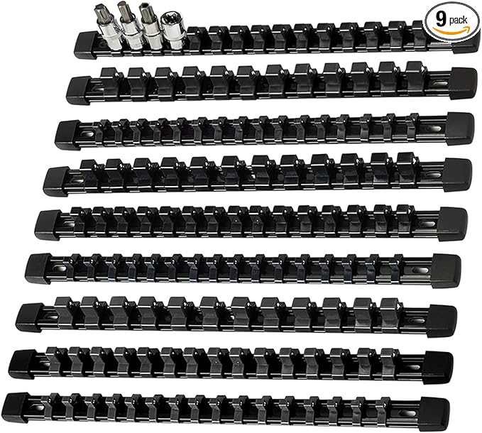 AMM 9-Piece Socket Organizer, 1/2 inch, 3/8 inch and 1/4 inch Drive ABS Tools-Black Socket Holder,Heavy Duty Socket Racks, Premium Quality Socket Clip Rail Holder,The best tool trays in the garage