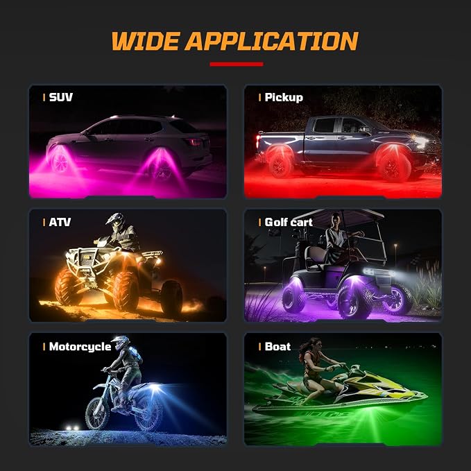 16 Million Color Rock Lights for Trucks - APP & RF Controlled RGBW Underglow LED Kit, 180° Wide Beam Aluminum Pods, 20 Dynamic Modes with Music Sync, Waterproof for UTV/ATV/Jeep/RV (4 Pods)