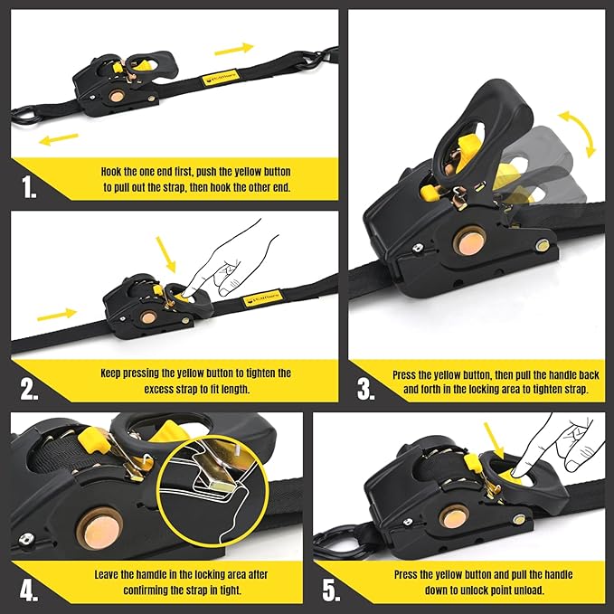 Stay There Retractable Ratchet Straps (4-Pack) - 1 Inch x 7 Feet (1100lb Break Strength) - Heavy Duty Auto Self Retracting Tie Down Straps for Truck, Cargo Trailer, Motorcycle & More - Black