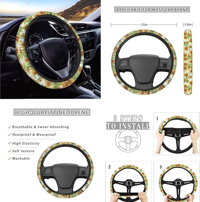 Suobstales Art Flowers Seat Cover for Car for Women Sunflower Car Accessories Set of 11-pcs with Steering Wheel Cover, Seatbelt Covers, Auto Cup Holder Coasters, Floral Keychain