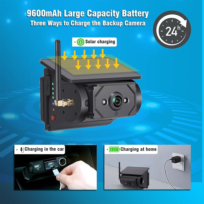 Magnetic Solar Wireless Backup Camera 7 inch Monitor DVR Looping HD 1080P 9600Amh Rechargeable Suitable for Truck Trailer Semi RV Camper Rear View Camera 1 Min Easy Install Scratch-Proof (1 Camera)