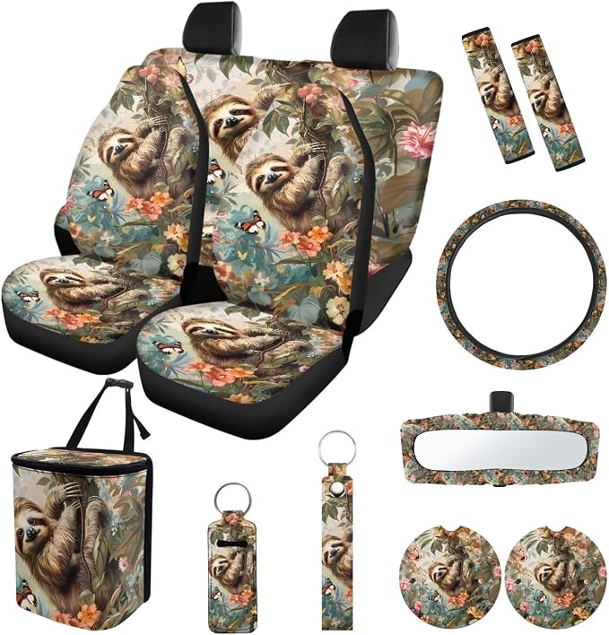 Suobstales Sloth Butterfly Flower Print 13 Pieces Car Seat Cover Set with Steering Wheel Cover/Seat Belt Pads/Car Trash Bin/Cup Coasters/Keychains/Rearview Mirror Cover Universak for SUV Truck Sedan