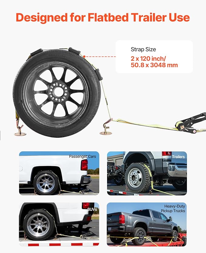 VEVOR Wheel Chock Tie-Down Kit, Deck-Style Trailer Tie Down Strap, Car Tie Down Kit with J-Hook, Break Strength 10009 lbs & Working Load 3333 lbs Motorcycle System for SUVs, Trailers, Trucks