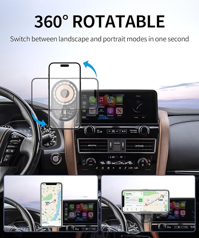 Wireless Charging Car Phone Holder for Nissan Armada 2021-2024 / Infiniti QX80 2022-2024, 12.3" Screen Fixed Clip, 360° Rotation Car Phone Mount Compatible with MagSafe