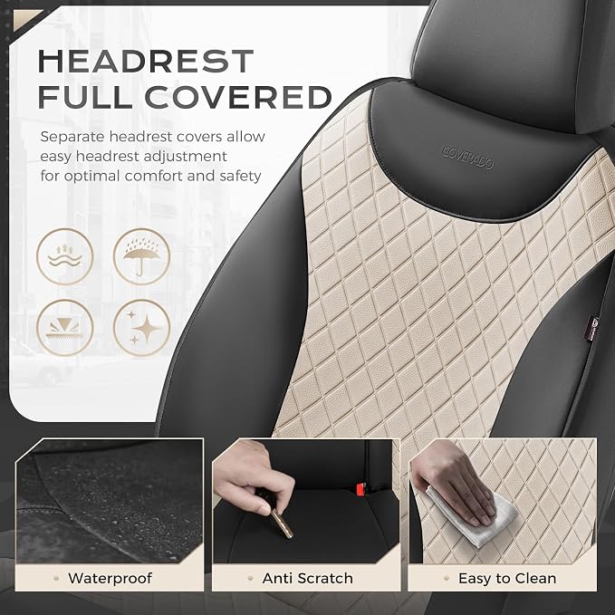 Coverado Car Seat Covers Full Set, Leather Seat Covers for Cars, Waterproof Car Seat Protectors, Front and Back Seat Covers Car Seat Cushions Universal Fit for Most Sedans, SUV, Trucks, Black & Beige