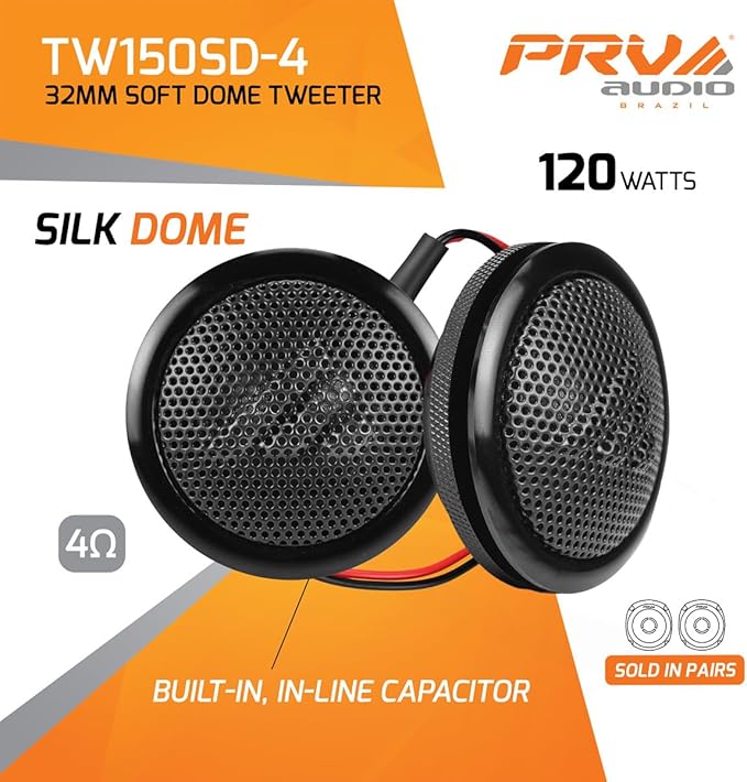PRV AUDIO Soft Dome Tweeters 240 Watts 4 Ohm TW150SD-4 with Built-in Crossover, 32 mm Silk Dome, Neodymium Magnet for Car Audio and Motorcycle Systems Easy Flush Mount (Pair)