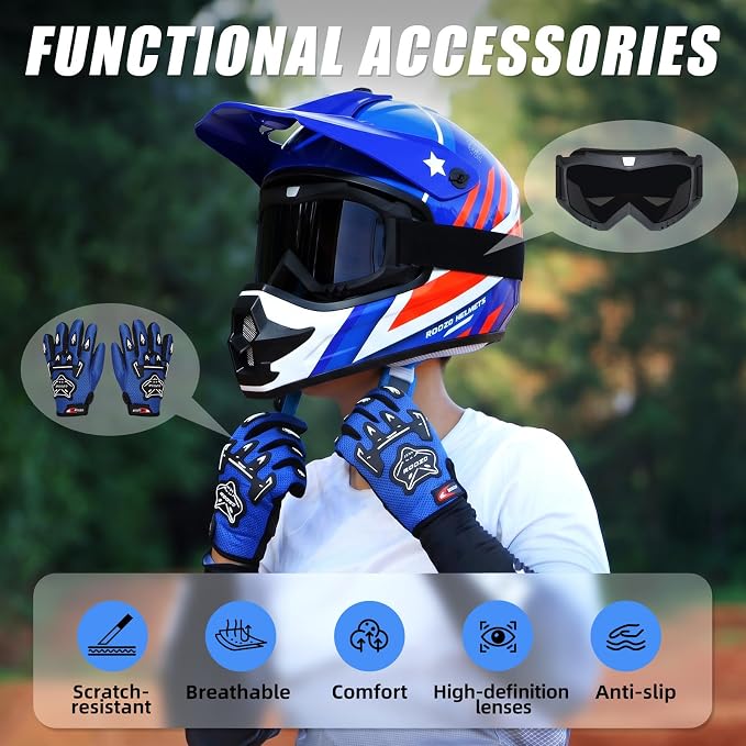 Youth Dirt Bike Helmet DOT Approved, Kids Motocross Full Face Helmet with Adjustable Goggles Riding Gloves & Storage Bag, Off-Road Sport Gear Set for Boys Girls ATV UTV