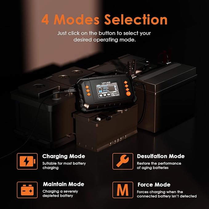 WAVLINK 450W Smart Battery Charger, Max. 35A Trickle Charger with LCD Display, for 6V/12V/24V Lead-Acid/Lithium/LiFePO4 Batteries, Battery Maintainer and Desulfurizer for Cars, Boats, Motorcycles